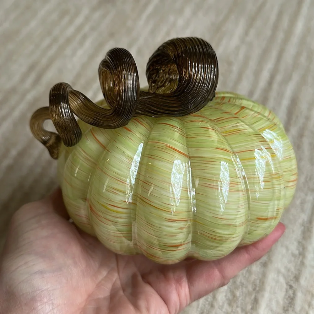 Hand Blown Art Glass Pumpkin Green Orange Flecks Twisted Reeded Clear Stem 5”x4”